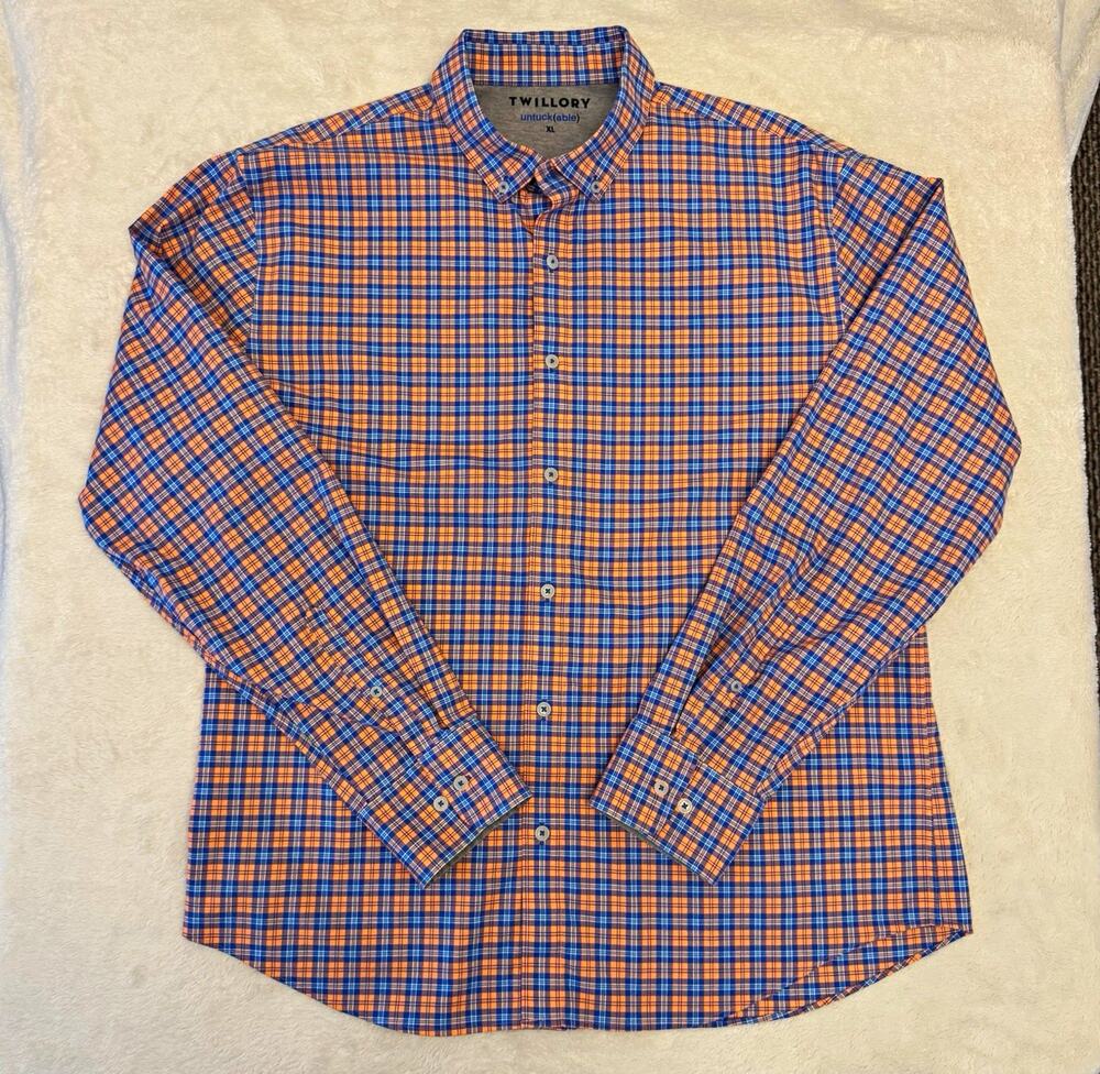 Twillory untuck(able) Men's XL Long Sleeve Blue Orange Plaid Button-Down Shirt